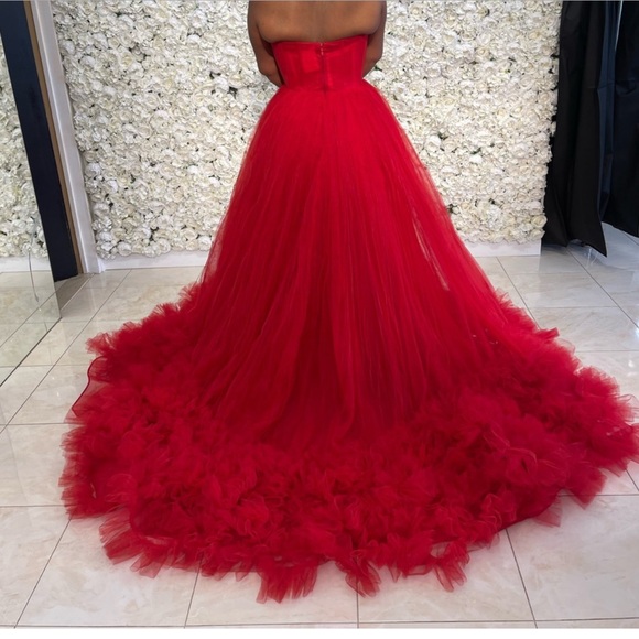 Tarik Ediz Dresses & Skirts - Tarik Ediz Red Strapless Ruffled Gown